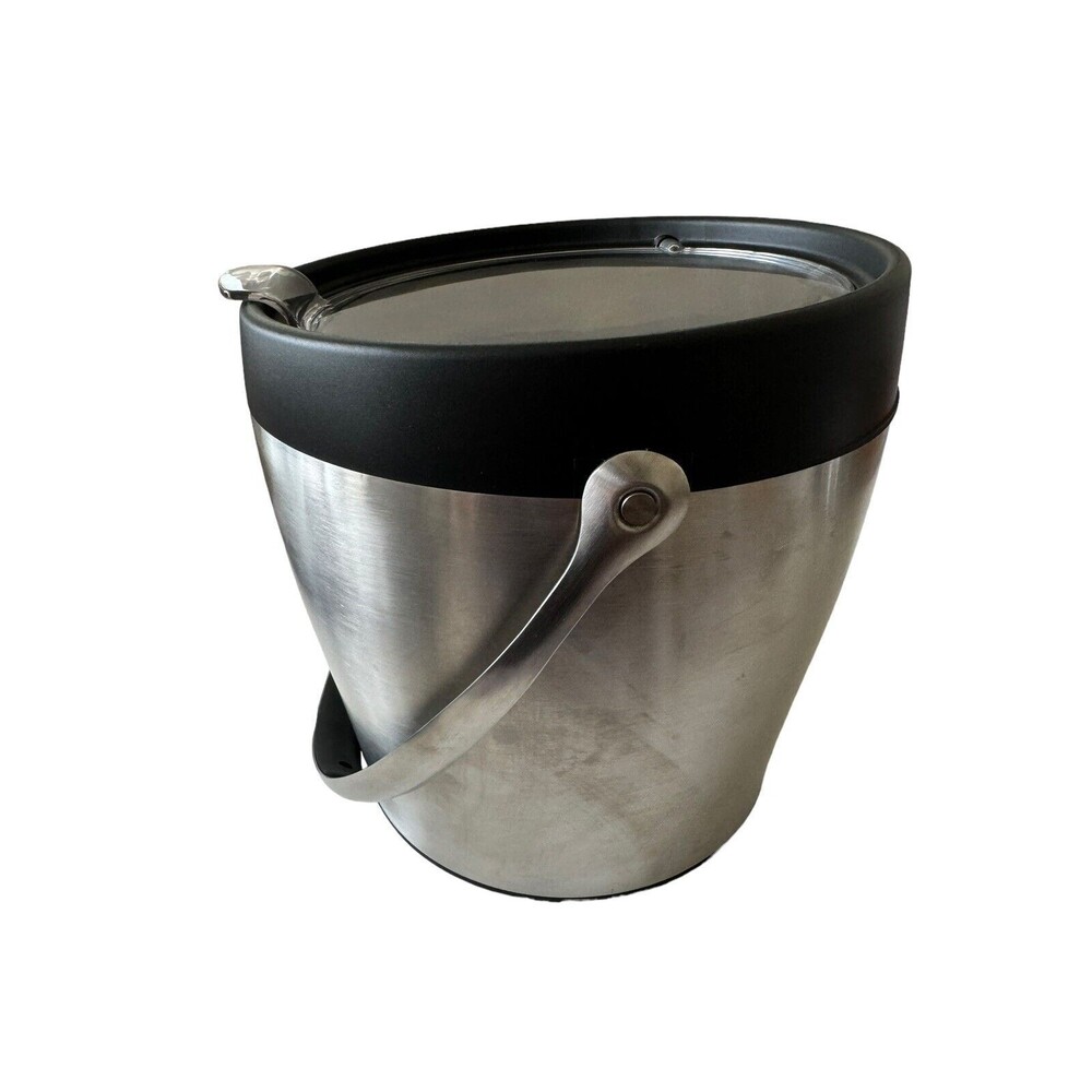OXO Black Silver Stainless Steel Ice Bucket Double Wall Hinged Lid Grip w/Handle